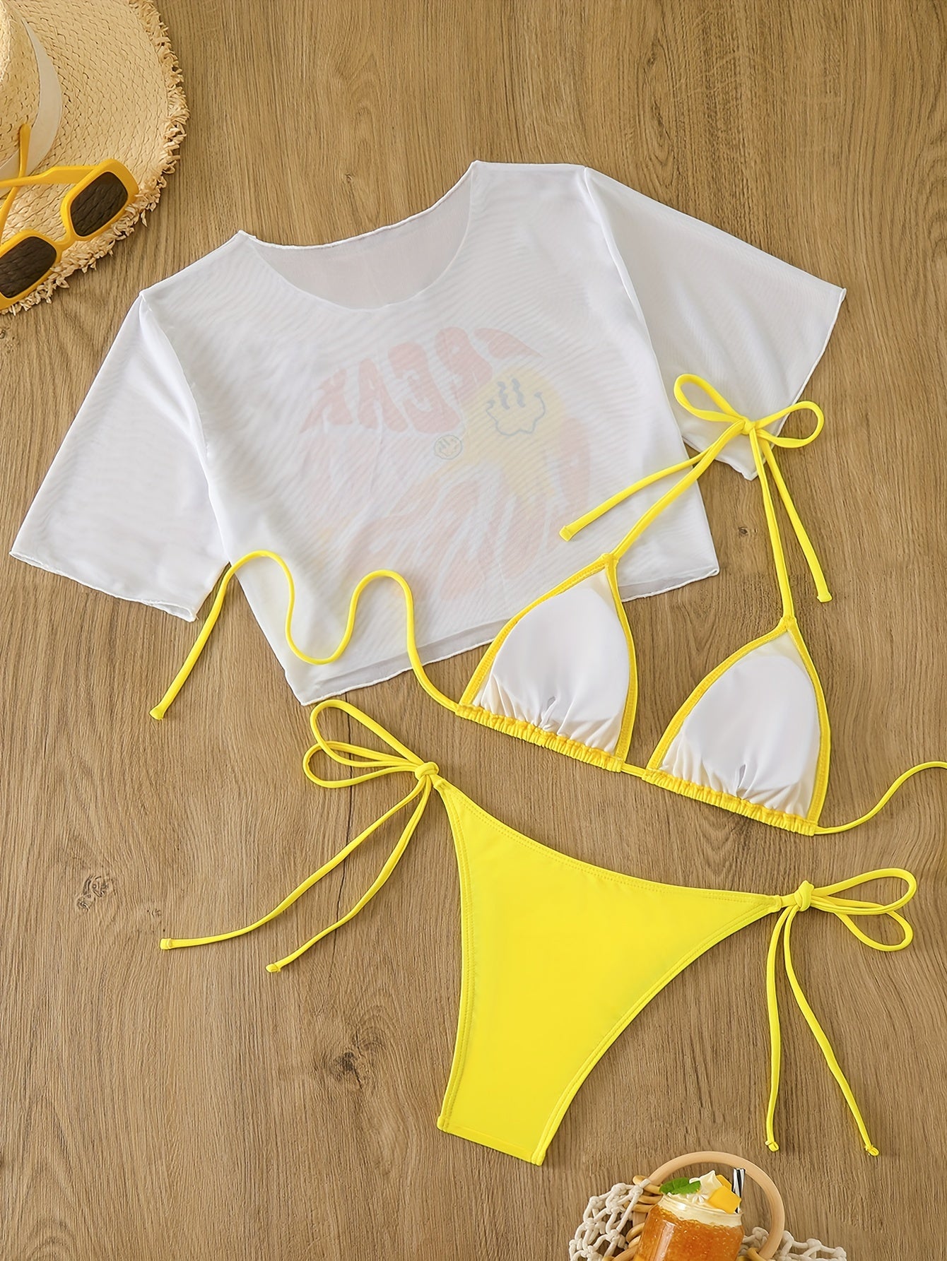 Women'S Yellow Bikini Set, 3pcs High Aesthetic Fashion Swimwear