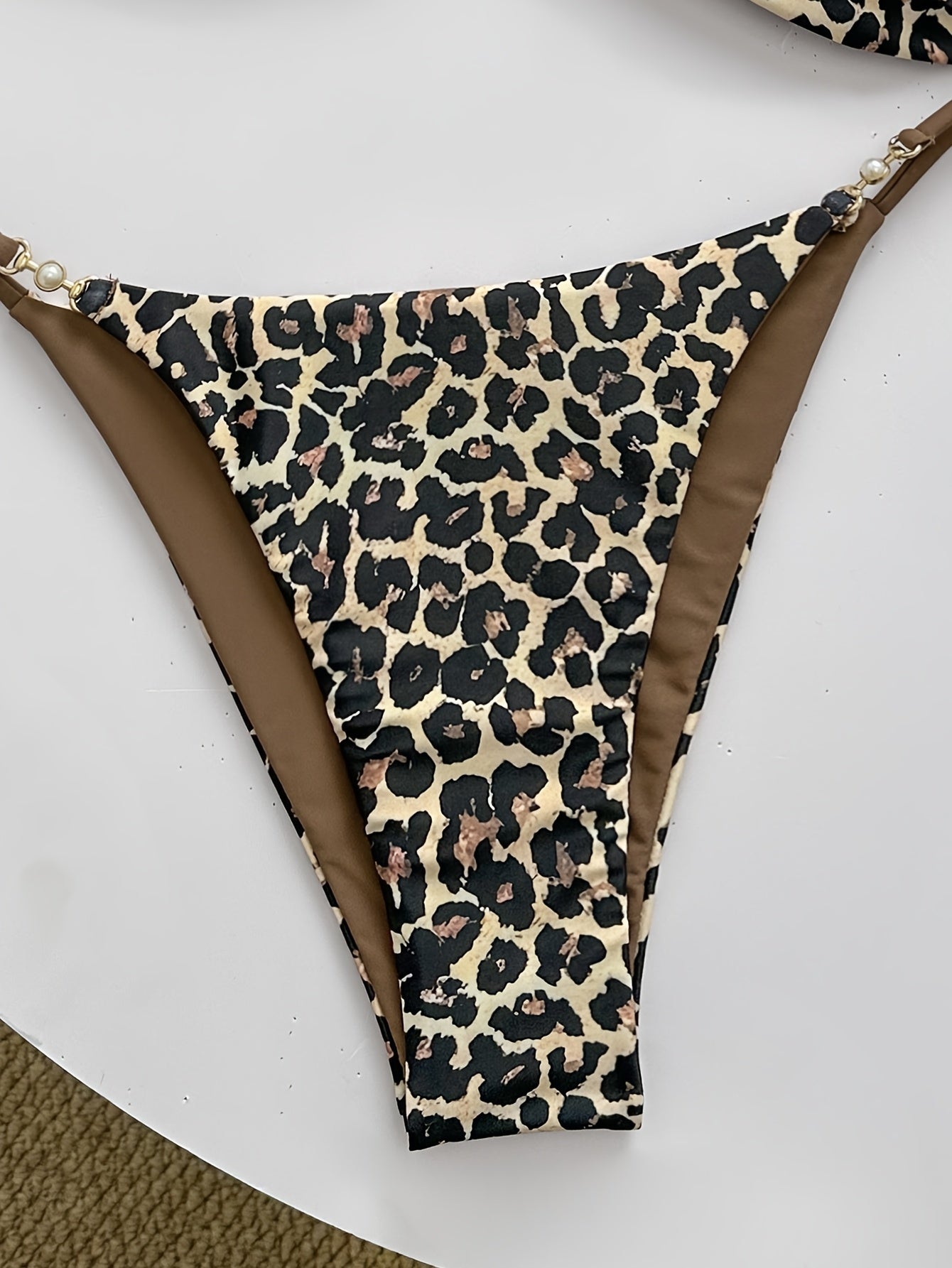 New Women's Leopard Print Lace Up Pearl Button Bikini Two-piece