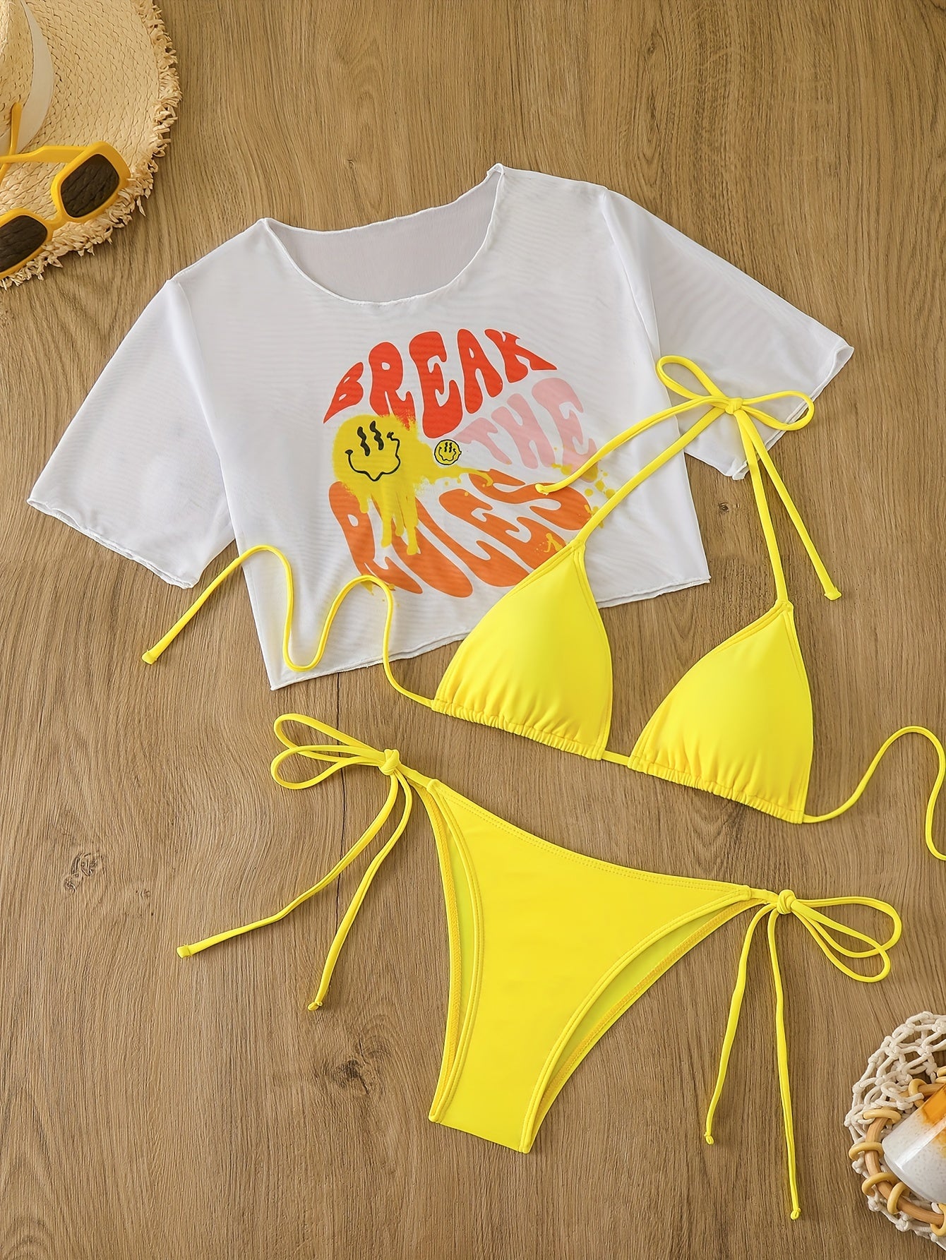 Women'S Yellow Bikini Set, 3pcs High Aesthetic Fashion Swimwear