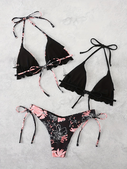 Women's Floral Print Bikini Set - 3-Piece Swimwear