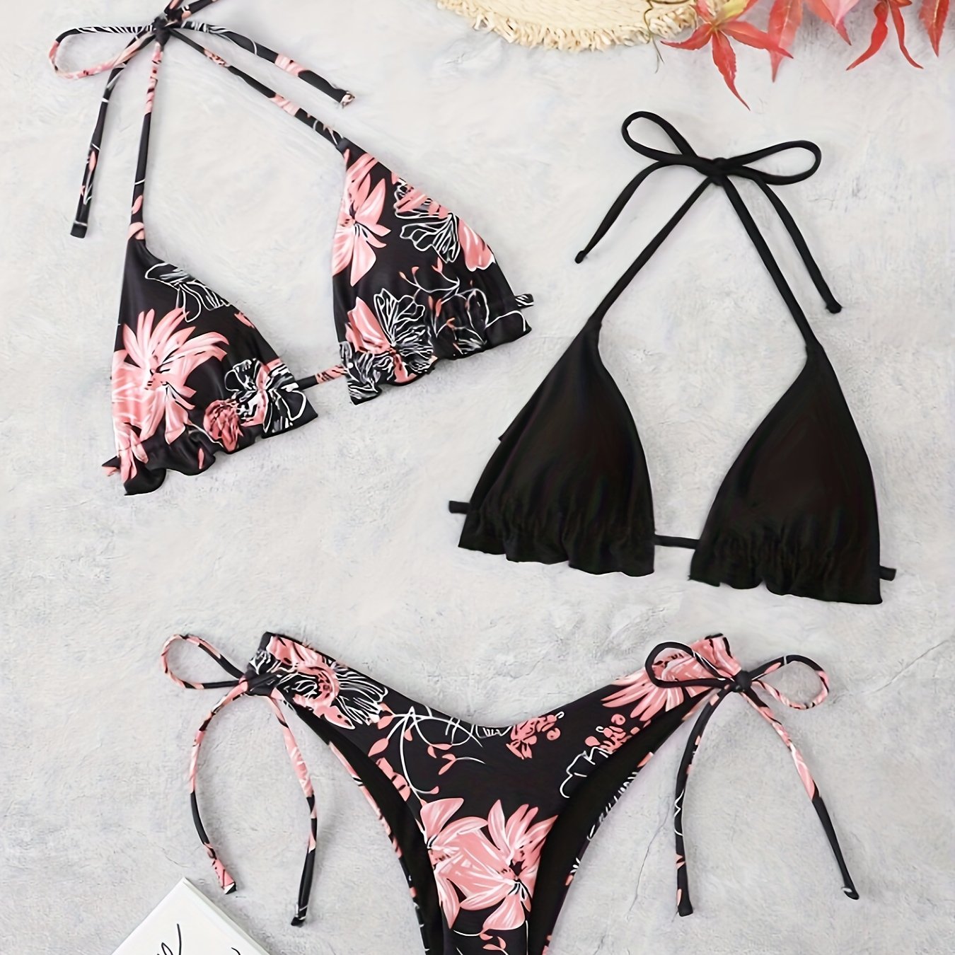 Women's Floral Print Bikini Set - 3-Piece Swimwear