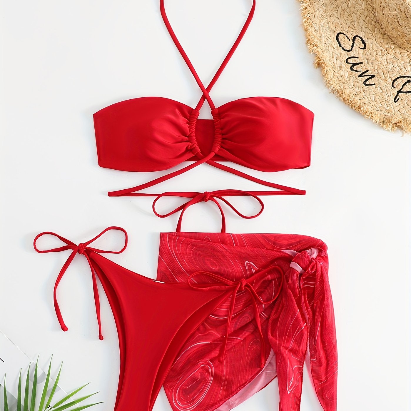 3-piece Lace Up Drawstring Bikini Sets