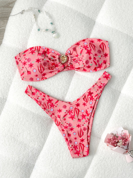 Women'S Floral Print Bandeau Bikini Set with Metal Seashell