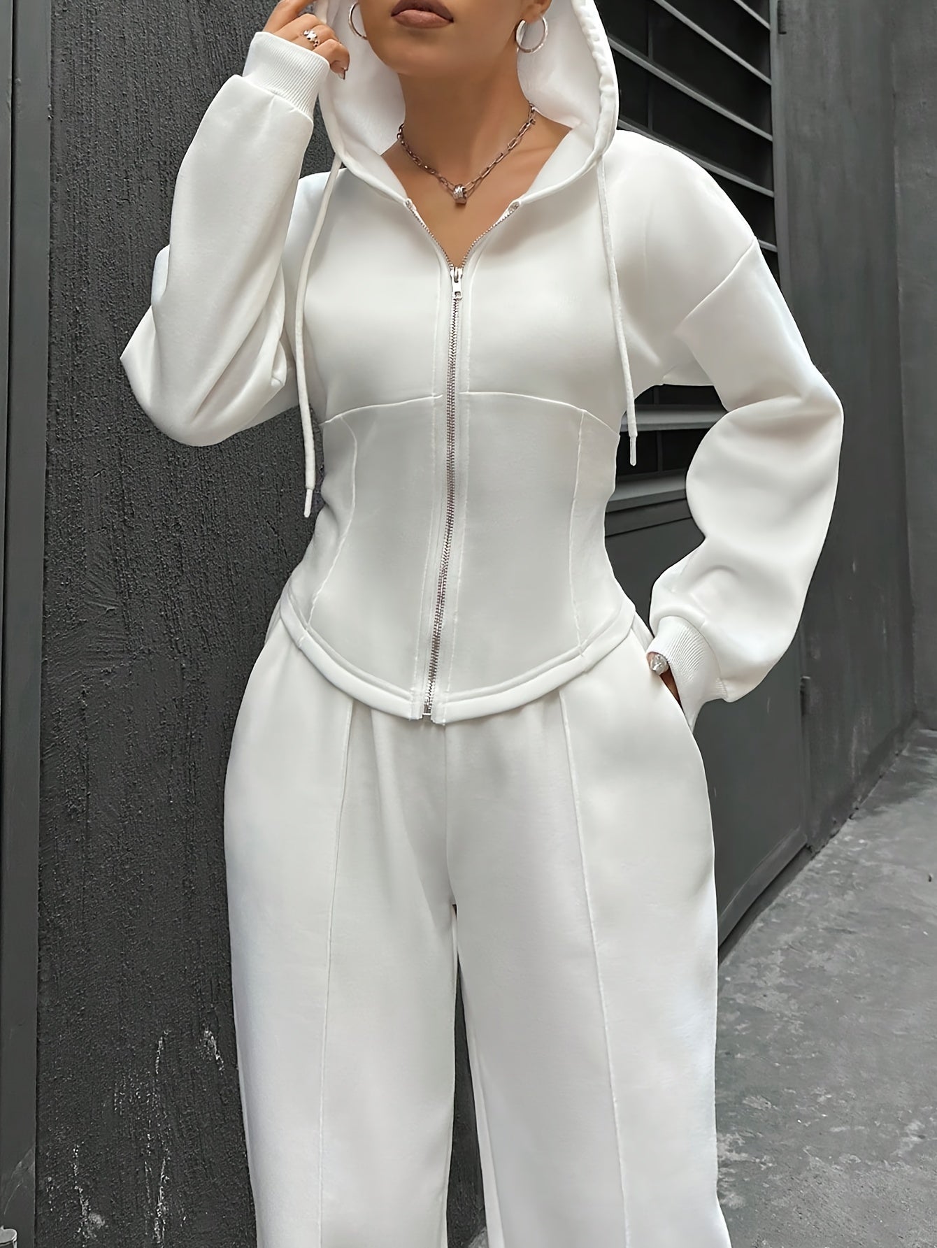 Women'S Elegant Solid Color Polyester Hooded Tracksuit Set