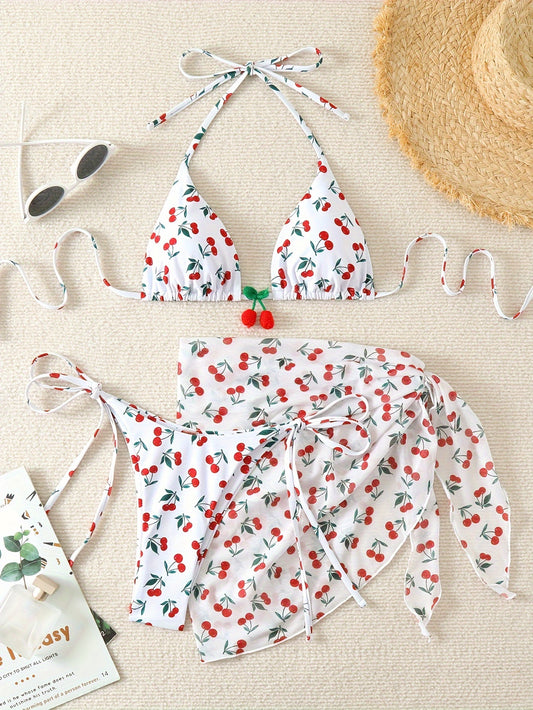 Cherry Print 3 Piece Set Bikini