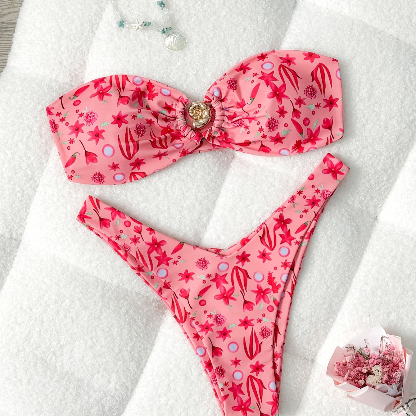 Women'S Floral Print Bandeau Bikini Set with Metal Seashell